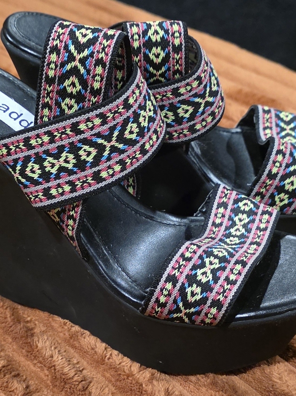 Madden Girl Black Platform Wedge Sandals with Multicolor Tribal Straps